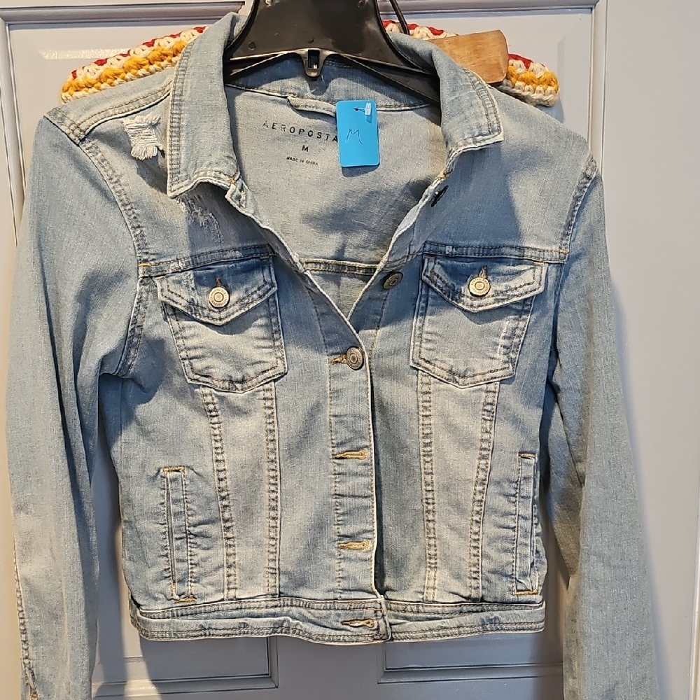 Aeropostale Jean Jacket Cropped Medium Stretch Y2k Denim Distressed Women